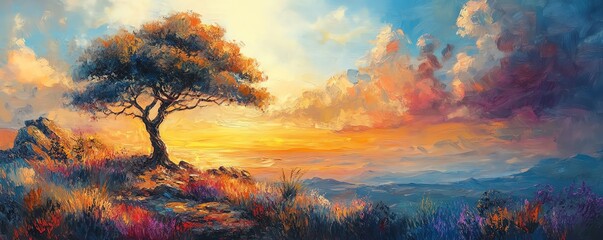 Keuken achterwand Oranje Vivid oil painting of a fantasy landscape in impasto style  © Nattapat