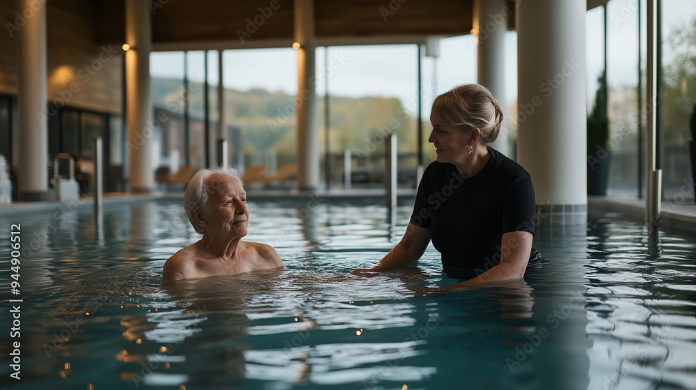 Senior man in pool with young therapist, intergenerational aquatic rehabilitation session, elderly wellness program, indoor hydrotherapy treatment Senior man in pool with young therapist, intergenerational aquatic rehabilitation session, elderly wellness program, indoor hydrotherapy treatment