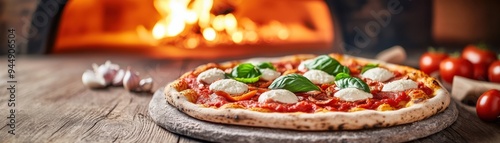 Delicious pizza with fresh ingredients, baked to perfection in a traditional oven. Perfect for food lovers and culinary enthusiasts.