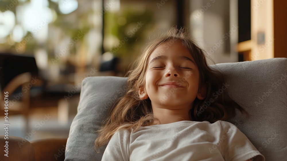 Girl smiling contentedly on outdoor patio, relaxation and happiness concept, childhood joy in nature, carefree summer afternoon, genuine emotion and wellbeing, positive lifestyle portrait Girl smiling contentedly on outdoor patio, relaxation and happiness concept, childhood joy in nature, carefree summer afternoon, genuine emotion and wellbeing, positive lifestyle portrait
