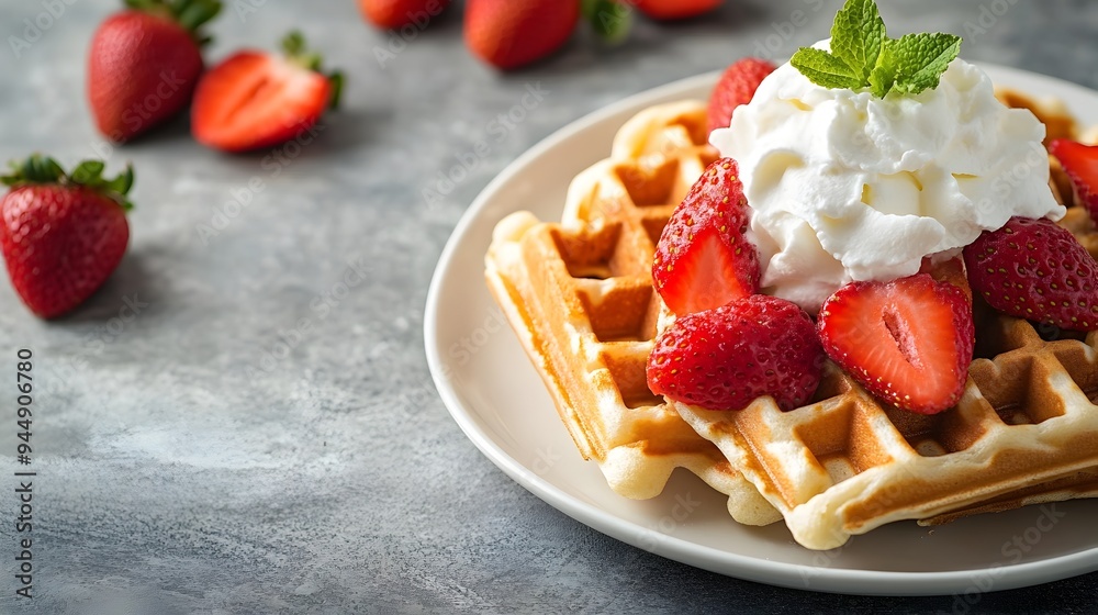 Freshly baked golden waffles topped with ripe strawberries and fluffy whipped cream served on a rustic wooden plate with empty copy space for text overlay Freshly baked golden waffles topped with ripe strawberries and fluffy whipped cream served on a rustic wooden plate with empty copy space for text overlay