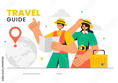 Travel Guide and Tour Vector Illustration Showing Interesting Places to a Group of Tourists for Vacation Planning in a Flat Style Cartoon Background