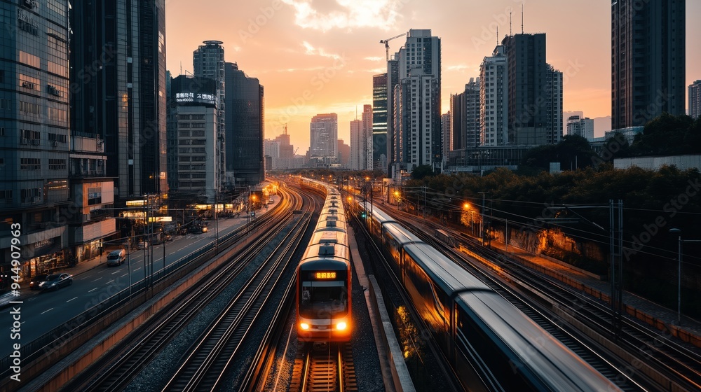 Aerial view of urban highway with cars and trains at sunset, modern cityscape transportation concept, rush hour traffic in metropolis, urban infrastructure and mobility, golden hour city panorama Aerial view of urban highway with cars and trains at sunset, modern cityscape transportation concept, rush hour traffic in metropolis, urban infrastructure and mobility, golden hour city panorama