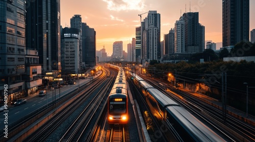 Aerial view of urban highway with cars and trains at sunset, modern cityscape transportation concept, rush hour traffic in metropolis, urban infrastructure and mobility, golden hour city panorama