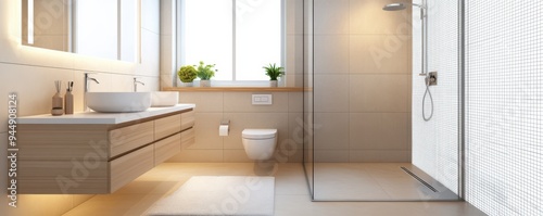 Modern bathroom featuring sleek design, natural light, and minimalist decor for a tranquil and stylish atmosphere.
