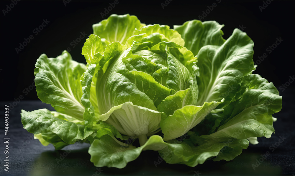 A head of green lettuce sits on a black surface, ready to be used in a fresh salad A head of green lettuce sits on a black surface, ready to be used in a fresh salad