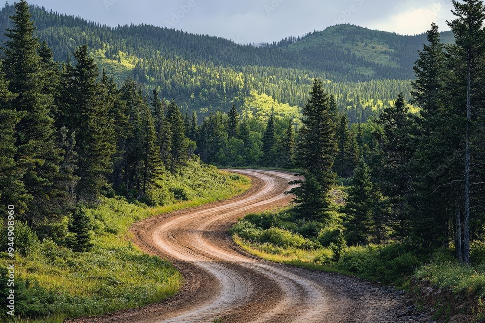 Dirt road winding through pine forest, rugged and wild Dirt road winding through pine forest, rugged and wild
