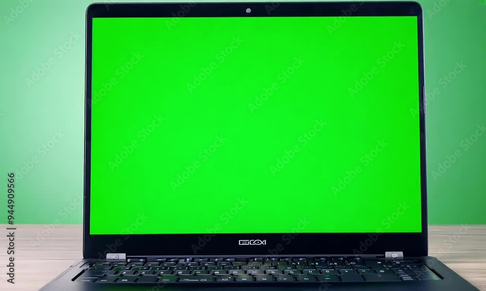 Laptop with Green Screen on a Wooden Table Laptop with Green Screen on a Wooden Table