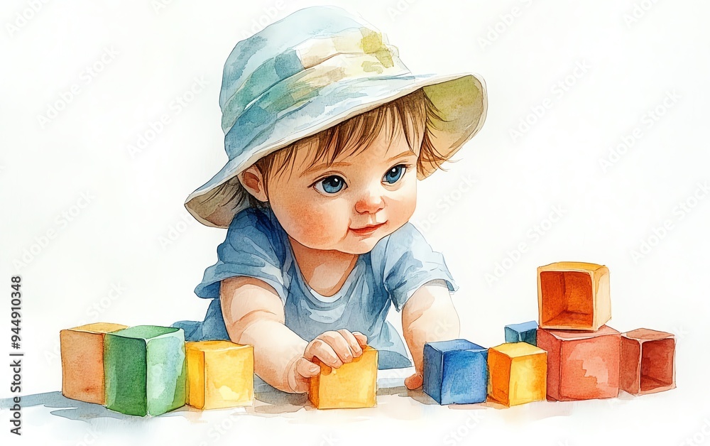 Charming watercolor cartoon baby wearing a cute hat, playing with colorful building blocks Charming watercolor cartoon baby wearing a cute hat, playing with colorful building blocks