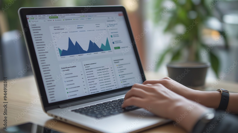 Business person analyzing financial graphs on laptop, data-driven decision making concept, digital marketing strategy planning, office desk with analytics software, customer relationship management