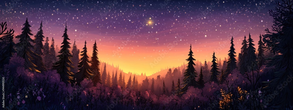 Illustration of a forest landscape at twilight featuring a north star in a 3D cartoon rendering style complemented by astronomical design elements Illustration of a forest landscape at twilight featuring a north star in a 3D cartoon rendering style complemented by astronomical design elements