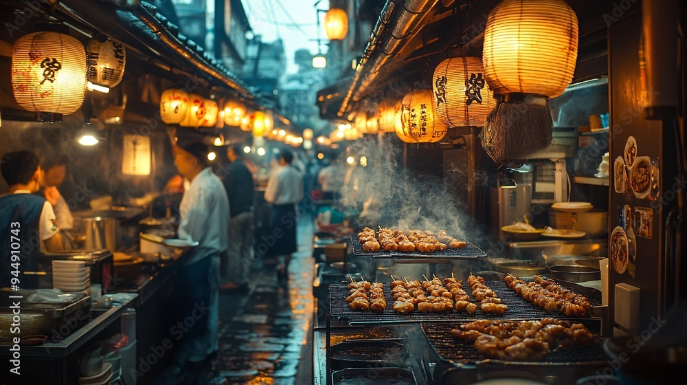 Chef Grilling Skewers in Tokyo Alleyway Chef Grilling Skewers in Tokyo Alleyway