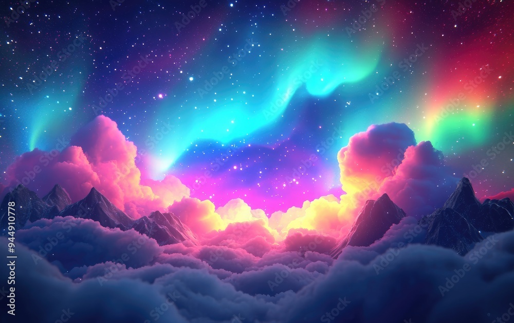 Fototapeta premium 3D cartoon depiction of colorful Northern Lights and stars illuminating through clouds resembling the emergence of a new spiral nebula following a supernova explosion