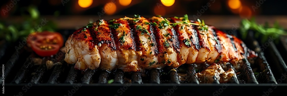 Grilled Lobster Tail on a Black Grill with Herbs, Photo Grilled Lobster Tail on a Black Grill with Herbs, Photo