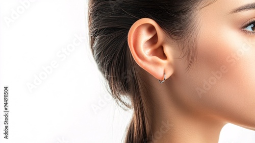 240805 216. A woman having pain at earlobe in studio. External ear scarred due to keloid and piercing longtime. Health and medical concept isolated on white background,png photo