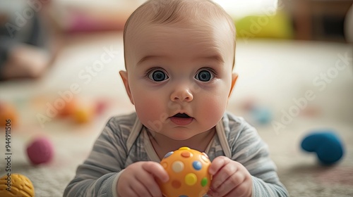 Baby's first toy: A baby holding their first toy, exploring it with tiny hands and a look of focused curiosity