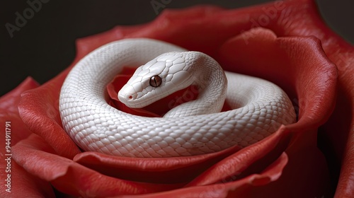 Beauty in contrasts: A white snake gracefully intertwined with a rose, representing the fascinating interplay of elegance and mystery photo