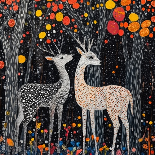 Minimalist Deer in Whimsical Forest: Stylized Illustration Blending Gond, Madhubani, and Indigenous Dot Painting Techniques. Enchanting Cultural Fusion for Children's Books, Textile Design, and Versat photo