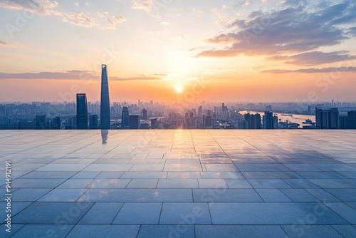 Empty floor and modern city skyline with building at sunset in Suzhou, Jiangsu Province, China. high angle view , ai