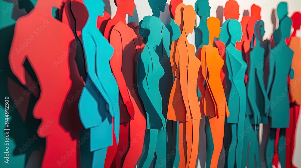 Vibrant Paper Cutouts of Male and Female Figures: A Unique Artistic Display Perfect for Sports Interiors, Celebrating Individuality with Bold Colors on a White Canvas Vibrant Paper Cutouts of Male and Female Figures: A Unique Artistic Display Perfect for Sports Interiors, Celebrating Individuality with Bold Colors on a White Canvas