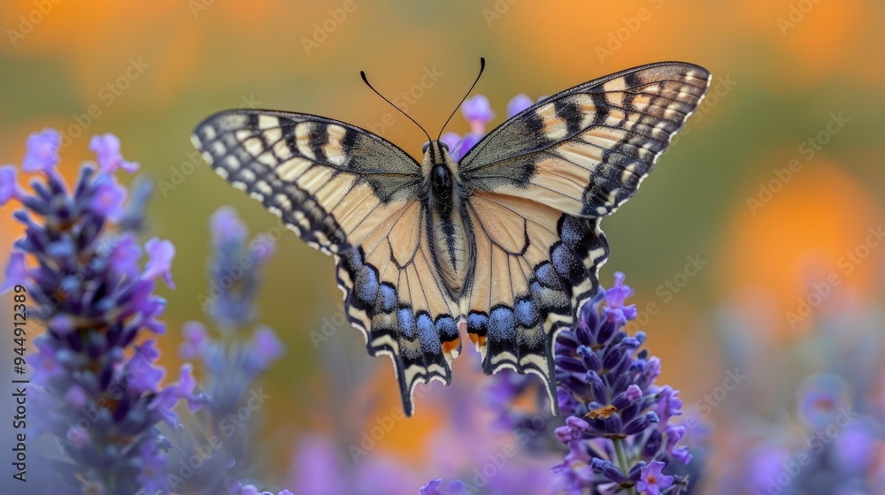 A swallowtail butterfly perched on a lavender flower in a garden. A swallowtail butterfly perched on a lavender flower in a garden.