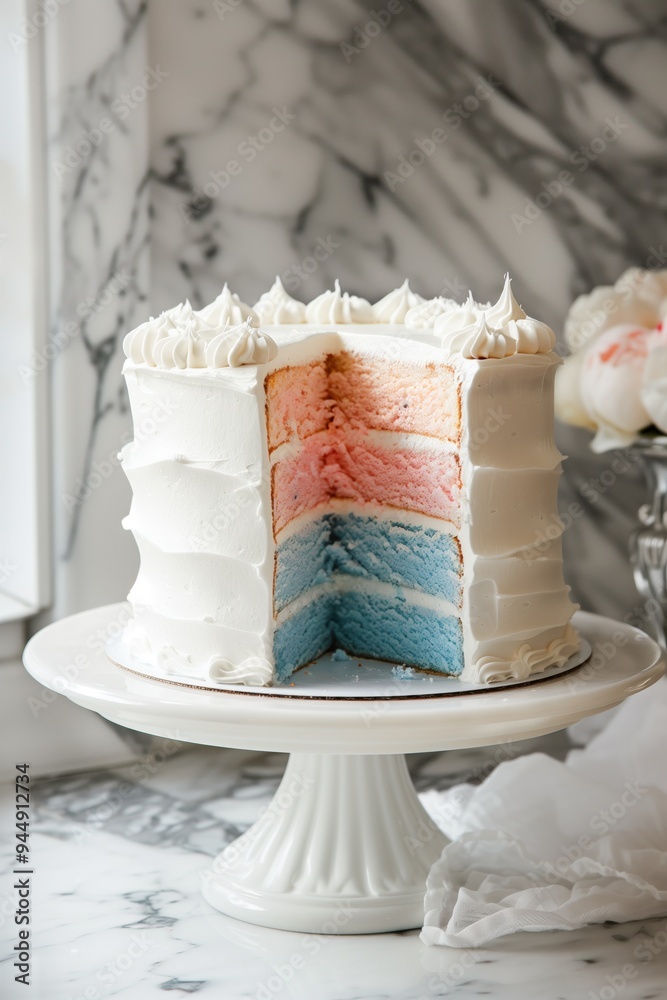 Layered cake with pastel pink and blue filling displayed on a white cake stand against a marble countertop backdrop Layered cake with pastel pink and blue filling displayed on a white cake stand against a marble countertop backdrop