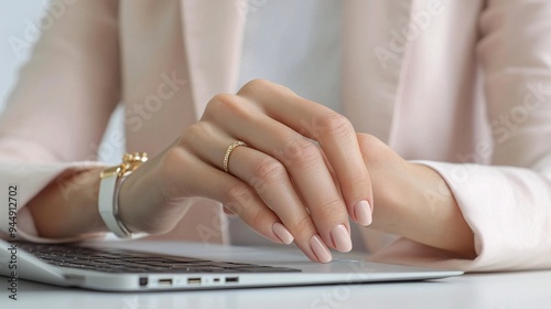 240805 221. A woman having pain at fingernail in office. Nail bed detached due to onycholysis and typing longtime. Health and medical concept isolated on white background,png photo