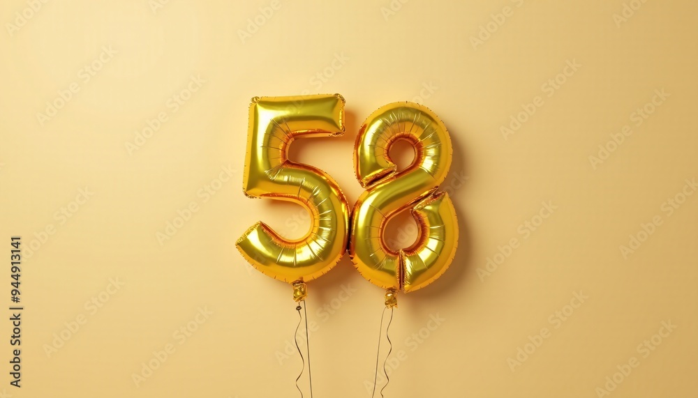 Banner with number 58 golden balloon with copy space. Fifty-eighth birthday celebration on a solid color background. Banner with number 58 golden balloon with copy space. Fifty-eighth birthday celebration on a solid color background.