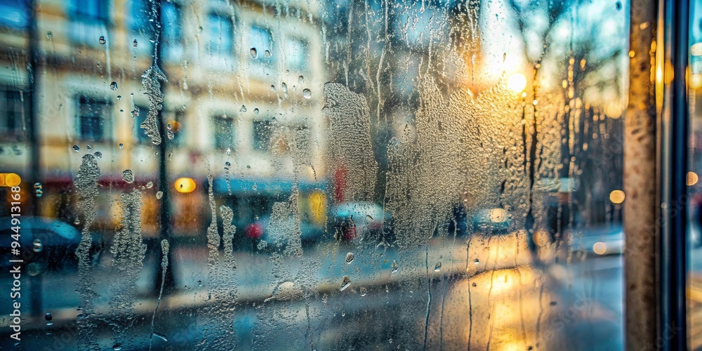 Fototapeta premium Dirty window glass close up with street reflection, dirty, window, glass, close up, street, reflection, grime,urban, city