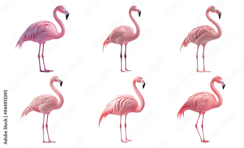 Fototapeta premium Graceful pink flamingos standing in various poses isolated on transparent background