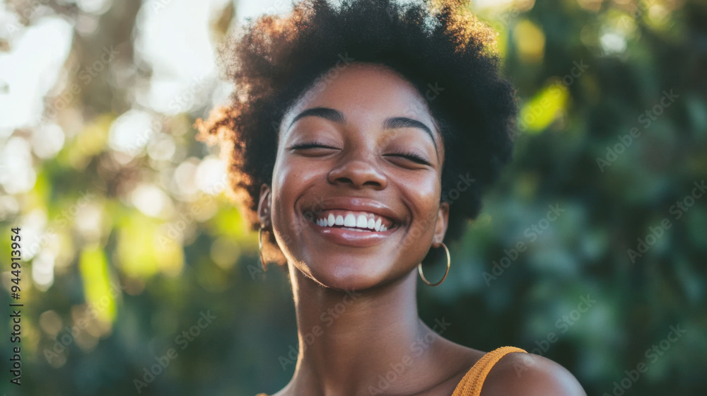 A joyful Black woman with a genuine smile, her happiness shining brightly A joyful Black woman with a genuine smile, her happiness shining brightly