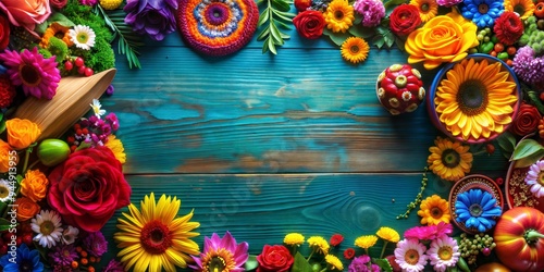 Hispanic Heritage Month background with vibrant colors and beautiful flower arrangements, with copy space, with empty space, no text, no word, no character, --no logo --no letters --no text, no waterm photo