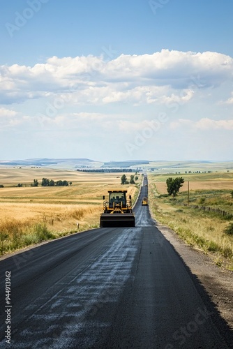 The road paving machine works on a rural highway, with vast farmlands stretching out on either side. A lone tractor