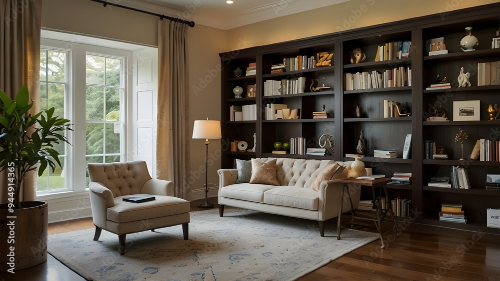 Elegant home library or office featuring built-in bookcases, cozy seats, and energizing views for a peaceful work environment Elegant home library or office featuring built-in bookcases, cozy seats, and energizing views for a peaceful work environment