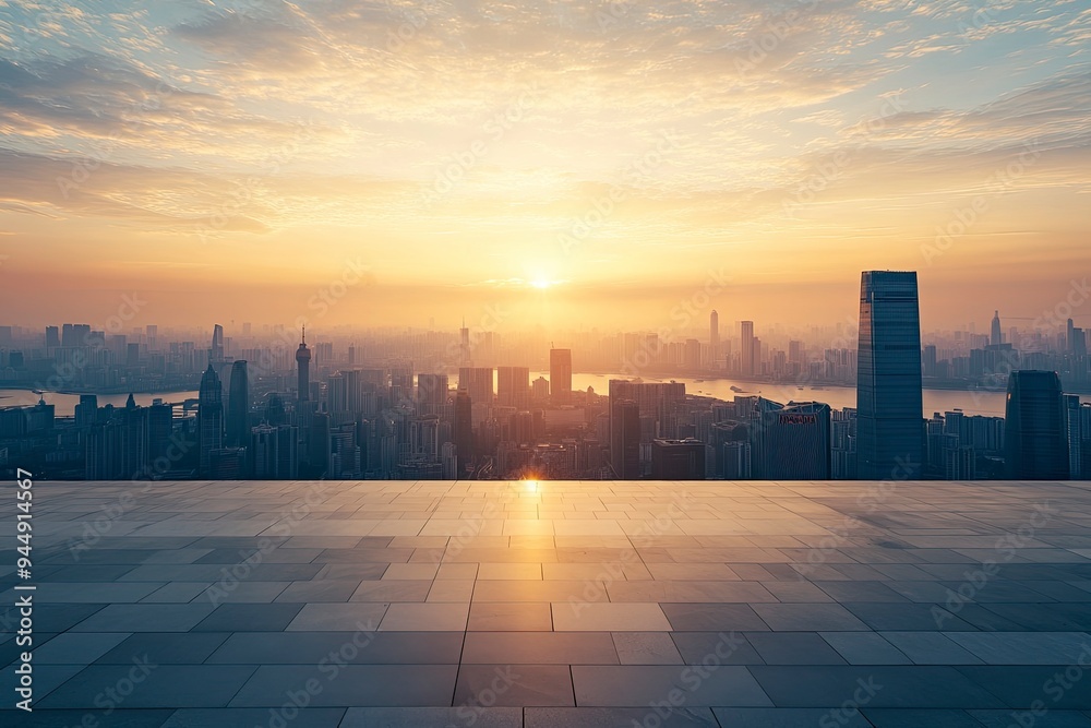 Empty floor and modern city skyline with building at sunset in Suzhou, Jiangsu Province, China. high angle view , ai
