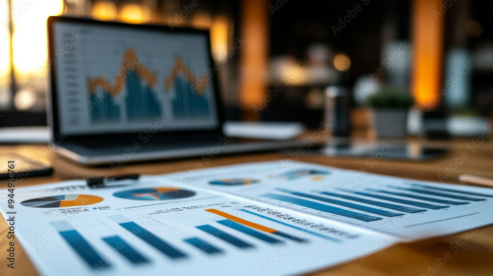 Business analysis with charts and graphs on a desk during an afternoon meeting at a modern office Business analysis with charts and graphs on a desk during an afternoon meeting at a modern office
