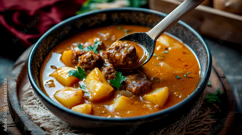 A dramatic, moody shot of Massaman Curry being ladled into a bowl, emphasizing the rich A dramatic, moody shot of Massaman Curry being ladled into a bowl, emphasizing the rich
