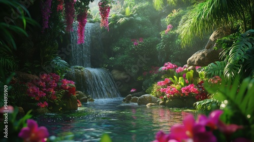 Lush Rainforest Waterfall with Pink Flowers photo