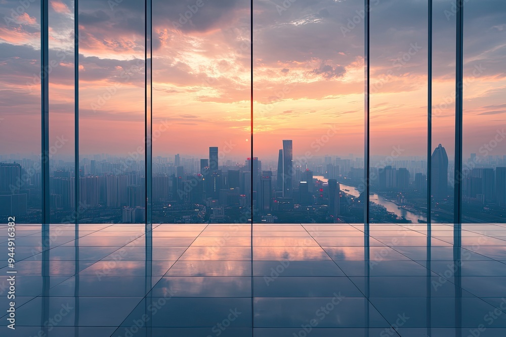 Fototapeta premium Empty floor and modern city skyline with building at sunset in Suzhou, Jiangsu Province, China. high angle view , ai