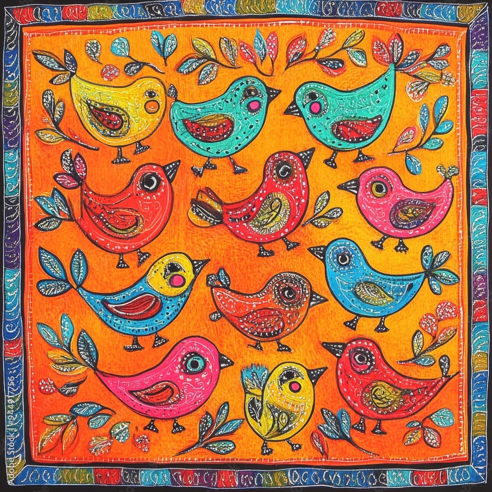 Fototapeta premium Vibrant Madhubani-Inspired Bird Illustration: Colorful Abstract Pattern for Scarf Designs, Book Covers, and Marketing Backgrounds. Cultural Fusion of Traditional Art and Modern Graphic Design with Ele