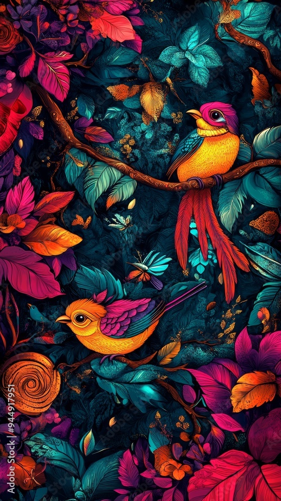 Vibrant Madhubani-Inspired Bird Illustration: Colorful Abstract Pattern for Scarf Designs, Book Covers, and Marketing Backgrounds. Cultural Fusion of Traditional Art and Modern Graphic Design with Ele