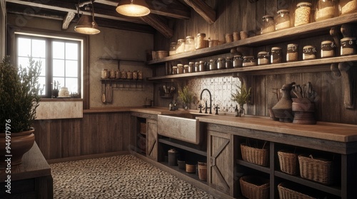 Rustic Kitchen with Wooden Shelves and Jars