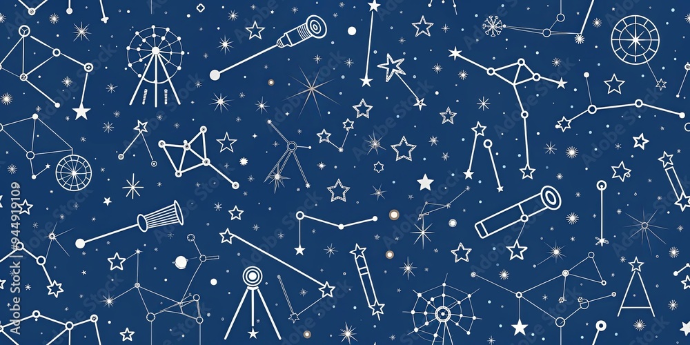 Flat astronomy elements seamless pattern with telescopes and constellations for a celestial theme Flat astronomy elements seamless pattern with telescopes and constellations for a celestial theme