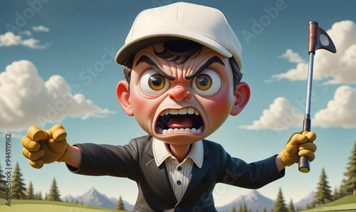 A cartoon golfer yells angrily while holding his putter on the golf course