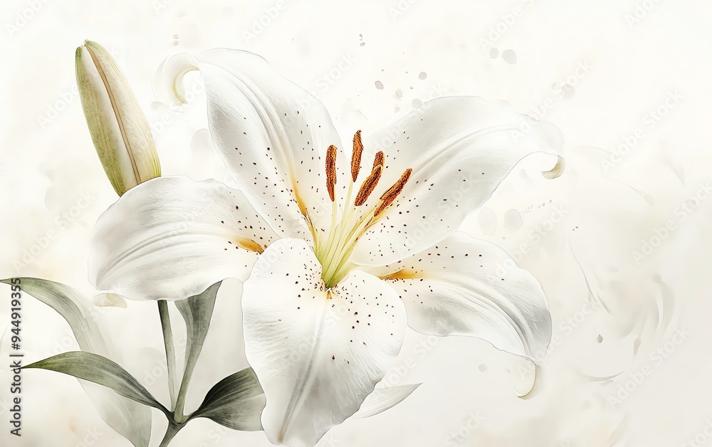 Fototapeta premium Delicate watercolor lily with intricate petal textures, set against a clean white backdrop