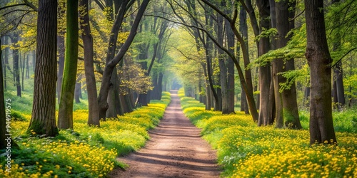 Fototapeta Naklejka Na Ścianę i Meble -  Forest path with yellow flowers and trees, nature, forest, path, yellow, flowers, trees, foliage, tranquil, peaceful, serene