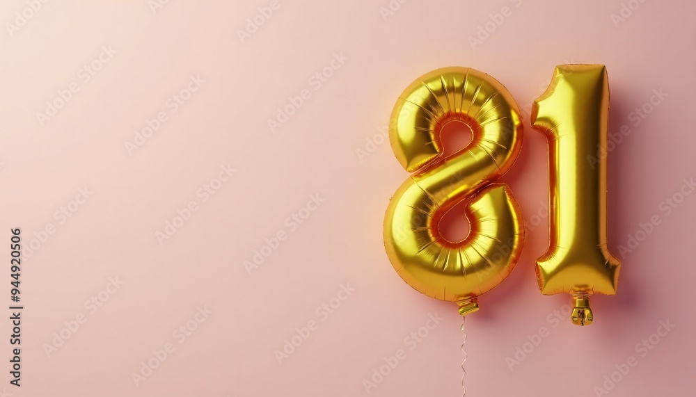 Banner with number 81 golden balloon with copy space. Eighty-first birthday celebration on a solid color background. Banner with number 81 golden balloon with copy space. Eighty-first birthday celebration on a solid color background.