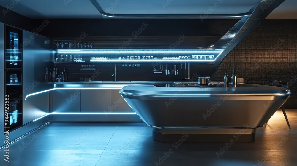 Futuristic Kitchen Interior Design with Modern Appliances and Sleek Countertop Futuristic Kitchen Interior Design with Modern Appliances and Sleek Countertop