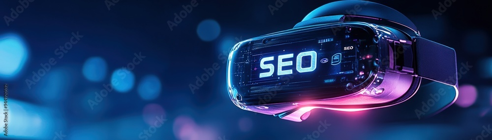 High-tech VR headset illuminated with a futuristic design and SEO text, symbolizing digital marketing and virtual reality innovation. High-tech VR headset illuminated with a futuristic design and SEO text, symbolizing digital marketing and virtual reality innovation.