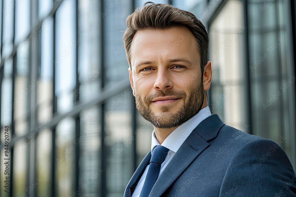 Handsome 30s top manager portrait in formal suit. Successful entrepreneur look camera. Confident business man smile. Young male businessman face. Urban city background. employee work. Office boss , ai Handsome 30s top manager portrait in formal suit. Successful entrepreneur look camera. Confident business man smile. Young male businessman face. Urban city background. employee work. Office boss , ai